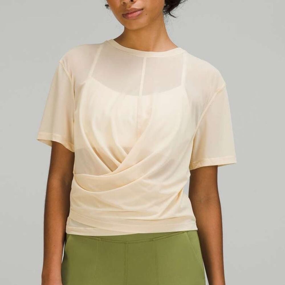 Sheer Mesh Yoga Top Twist Reversible Lululemon Prosecco Cream Short Sleeve Tee 6